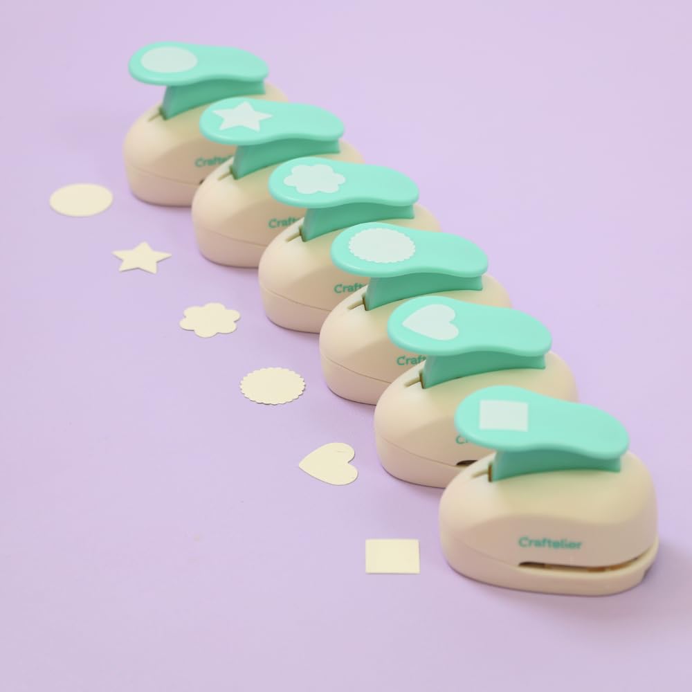 Craftelier - 1 inch Hole Punch Set of 6 for Paper Crafts + 10 Cardstock Colored Paper | Circle, Star, Heart, Scalloped Circle, Square & Flower | Punch Sets for Scrapbooking & Cardstock.