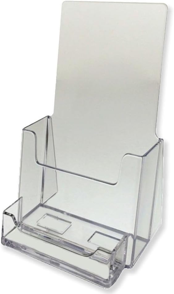 Dazzling Displays Clear 4 x 9 Tri-Fold Brochure Holder with Attached Business Card Holder, Countertop Display Stand, Literature Holder for Efficient Countertop Organization