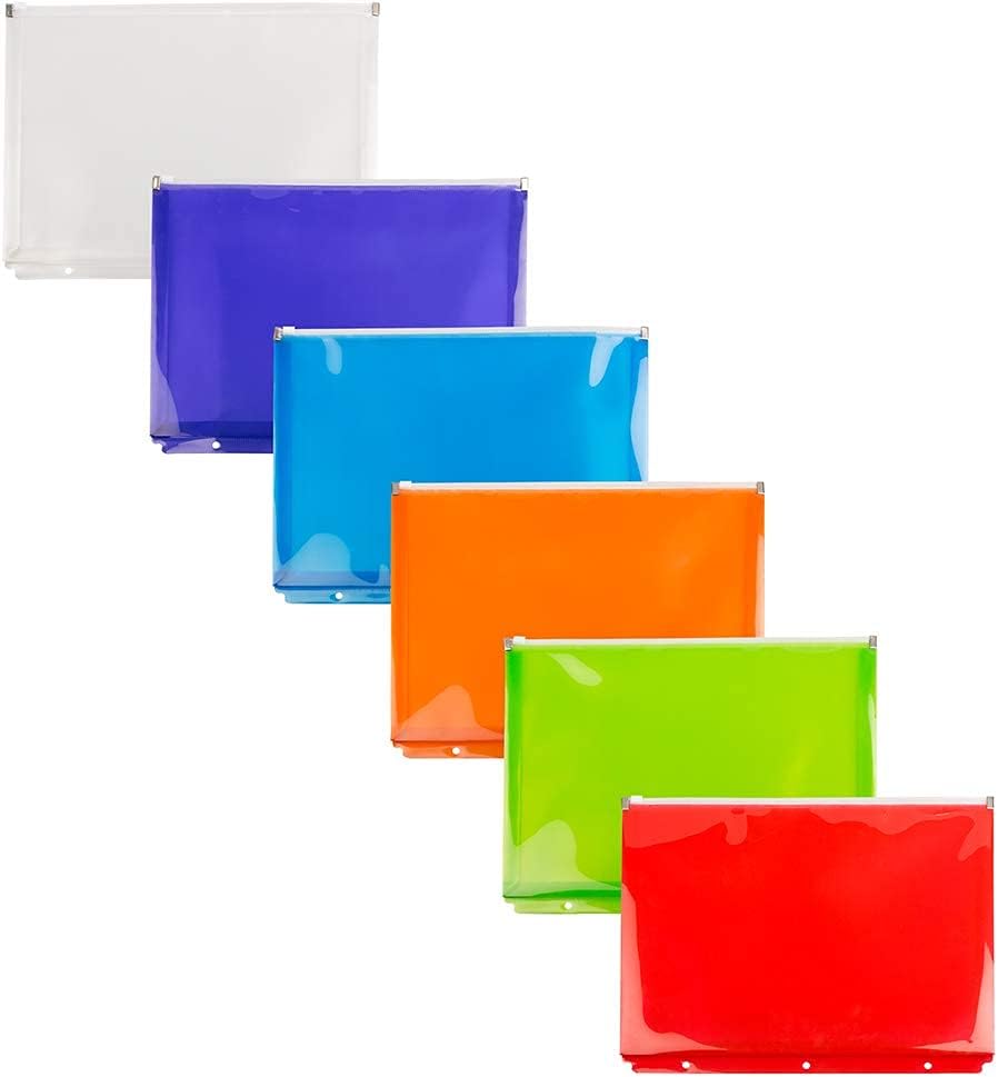 JAM PAPER Plastic 3 Hole Punch Binder Envelopes with Zip Closure - Letter Booklet - 9 3/4 x 13 - Assorted Colors - 6/Pack