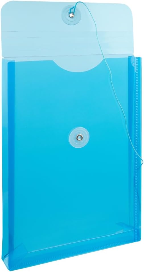 JAM PAPER Plastic Envelopes with Button & String Tie Closure - 6 1/4 x 9 1/4 - Blue - 3/Pack