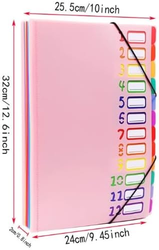 24 Clear Pocket Expanding File Folder with 12 Colored Tabs,Durable A4 Letter Size Organizer,Holds 300 Sheets, Project File Organizer, Numbered Index on Cover,Water-Resistant (Pink)