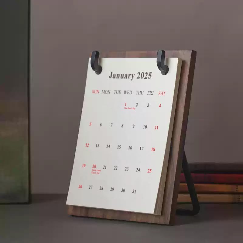2025 2006 Retro Desktop Calendar Tabletop Decoration Calendar Walnut Wood Calendar with Iron Brackets Suitable for Office Business Home (Black Walnut)
