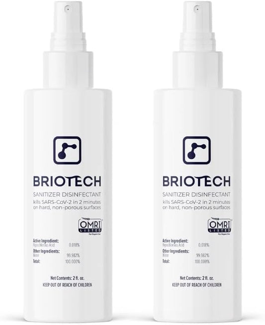 BRIOTECH Sanitizer Disinfectant Hypochlorous Spray, Kill 99.99% of Viruses & Bacteria, Control Mold, Eliminate Odor, Gentle for Nurseries, Food Contact Surface Sanitizer, 2 fl oz Travel Size (2 Pack)