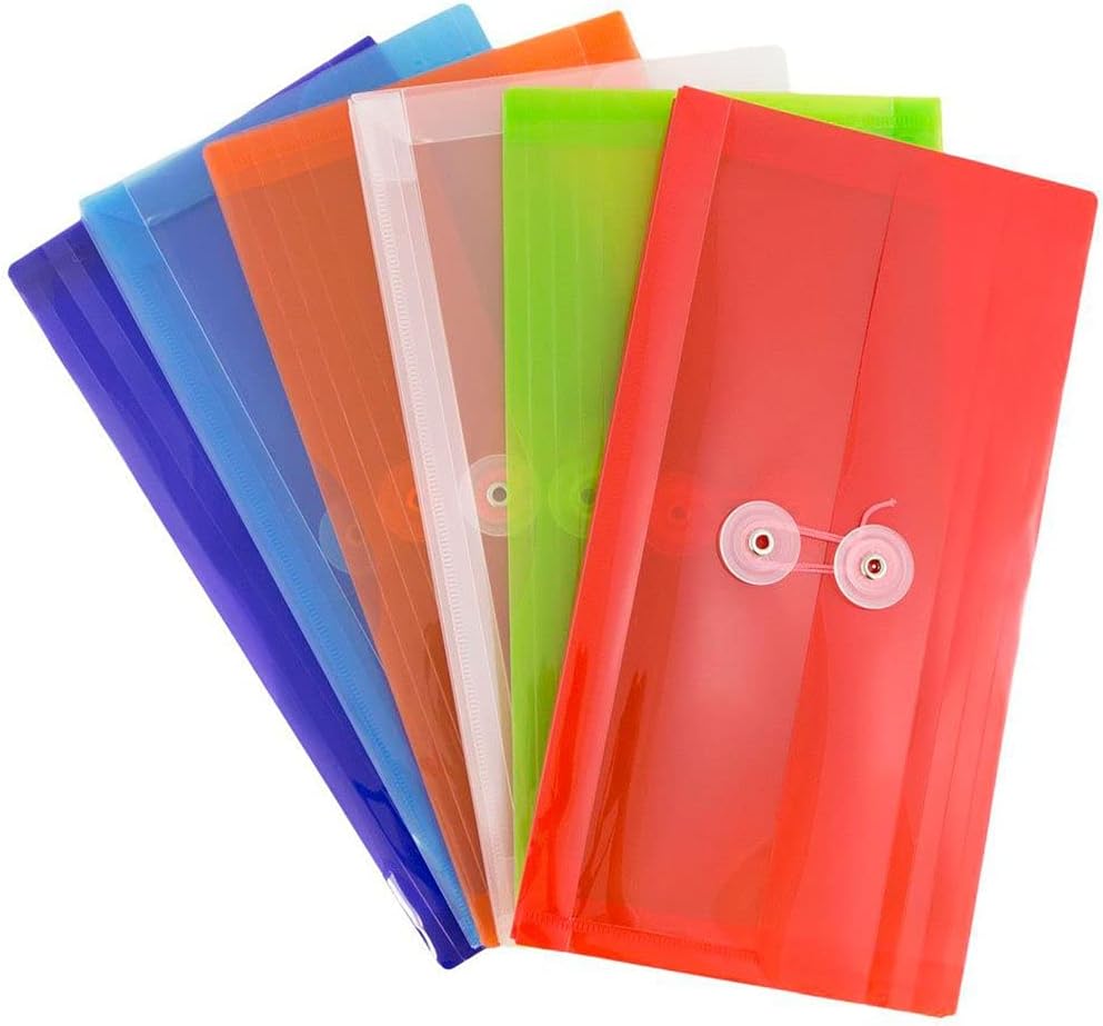 JAM PAPER Plastic Envelopes with Button & String Tie Closure - #10 Business Booklet - 5 1/4 x 10 - Assorted Colors - 6/pack