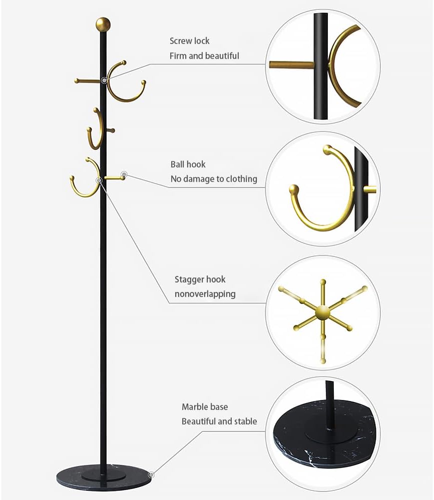 BUZUYE Modern Coat rack with marble base,Coat rack freestanding heavy duty with gold hooks,Entryway coat rack stand Coat Tree freestanding coat hanger stand for Hanging Clothes, Hats, Bags