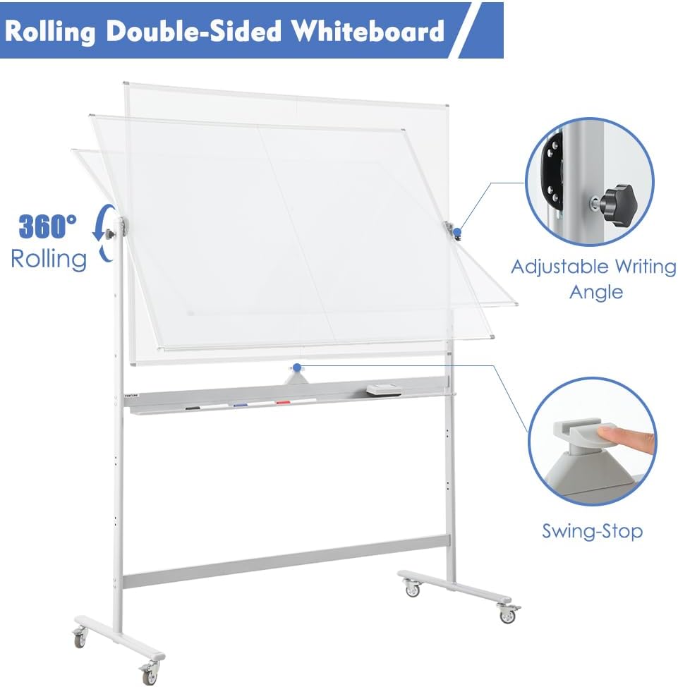 FORTUNO Magnetic Mobile Whiteboard 48"x36", Rolling Double Sided Dry Erase Board with Stand, Reversible Adjustable Height/Angle Easel White Board on Wheels 4' x 3' for Office Classroom Home