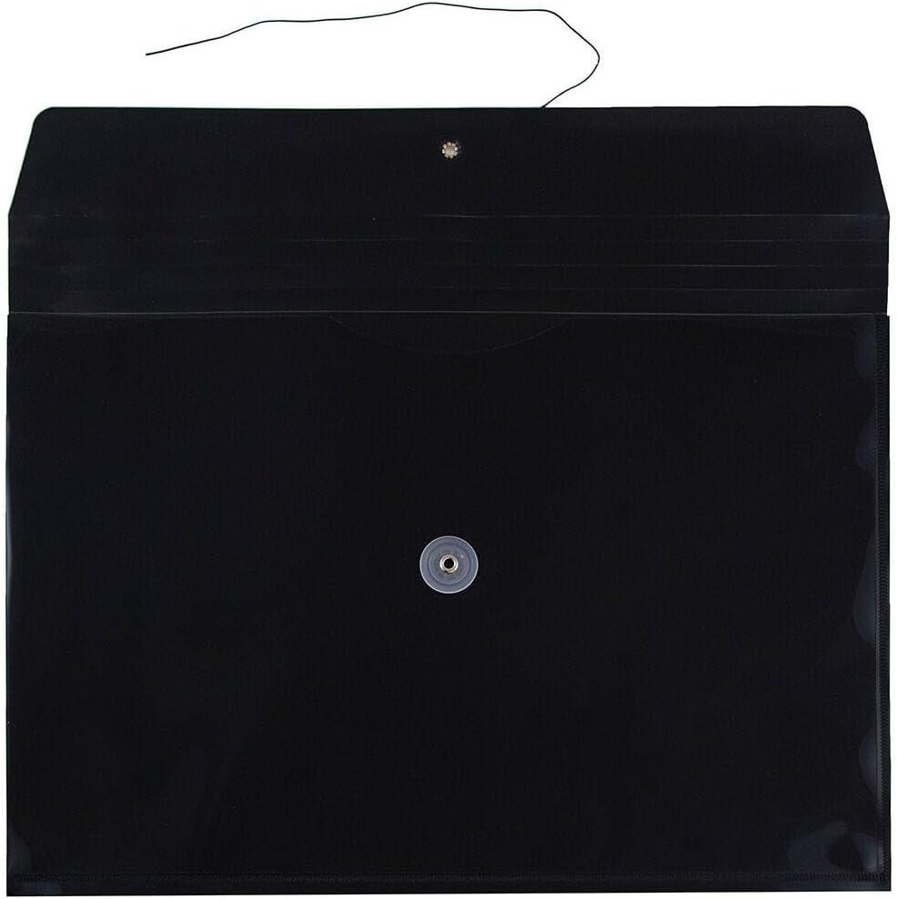 JAM PAPER Plastic Envelopes with Button & String Tie Closure - Legal Booklet - 9 3/4 x 14 1/2 - Black - 3/Pack
