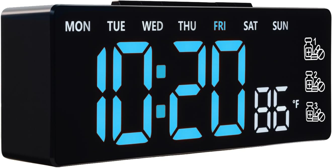 8 Inch LED Digital Desk Clock with Medication Reminders – Large Display with Time, Date, Day, Temperature, Triple Pill Alerts, Dual Alarm, Silent Clock for Home and Office,Blue