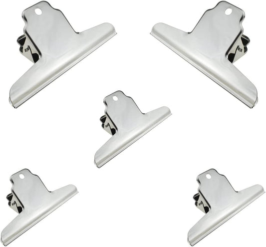 HAHIYO 5.7inch Silver Bulldog Clips Metal File Hinge Binder Clamps Save Space Strong Spring Jaws Rock Solid Grip Book Lay Flat Deburred Edge for Hang Photos Wall Grid Dog Food 5PCS