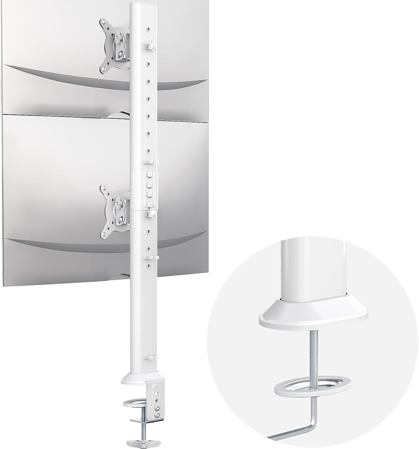 Dual Monitor Articulating Desk Mount Arm Stand - Vertical Stack Screen Supports Two 13 to 34 Inch Computer Monitors with C Clamp White