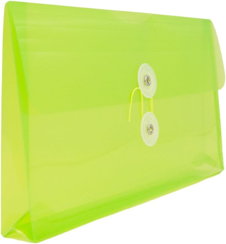 JAM PAPER Plastic Envelopes with Button & String Tie Closure - #10 Business Booklet - 5 1/4 x 10 - Lime Green - 12/Pack