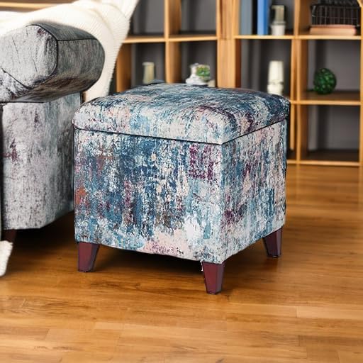 Adeco 18 Inch High Cube Ottoman Storage, Linen Chair Foot Stools, Upholstered Vanity Stool with Hinged Lid, Solid Wood Legs