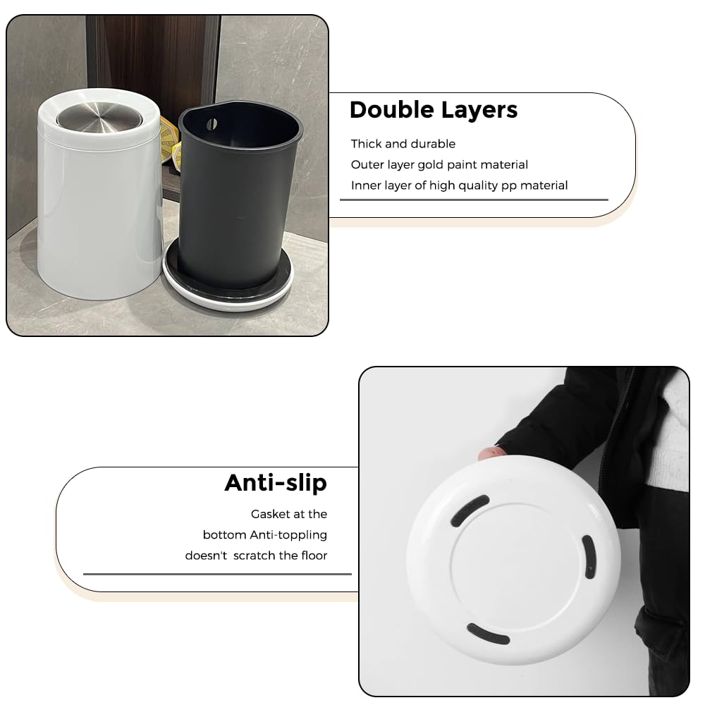 10 L/2.6Gallen,Swing Lid Trash Can,Metal Garbage Can with Flipping Lid,for Bathroom,Living Room,Bedroom,Hotel,Office, Laundry Room(White)