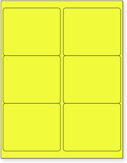 8-1/2 x 11 Neon Color High Light Fluorescent Labels for Laser & Inkjet Printer (Yellow Fluorescent, 4" x 3-1/3" - 6 Per Page | 150 Labels)