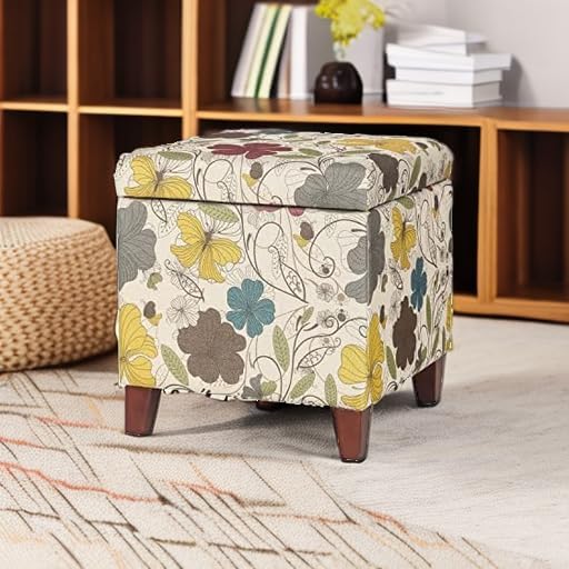 Adeco 18 Inch High Cube Ottoman Storage, Floral Printed Linen Chair Foot Stools, Upholstered Vanity Stool with Hinged Lid, Solid Wood Legs