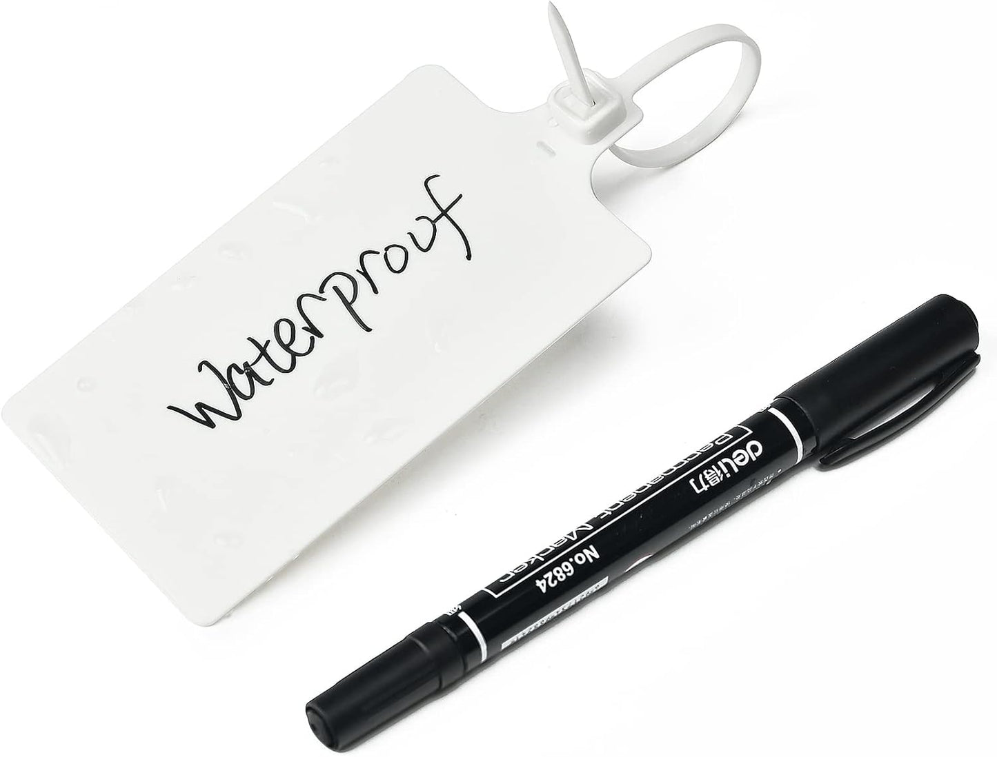 50 White Plastic Writable Shipping Tags - Large, Waterproof, Hanging Labels with One Permanent Marker Pen