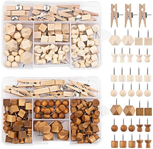 180 Pcs Wood Push Pins, 2 Colors and 7 Types Decorative Thumb Tacks Wooden Head Pin Map Tacks Marking Pin, Wood Thumb Tacks Decorative for Bulletin Boards Craft Projects with Storage Box