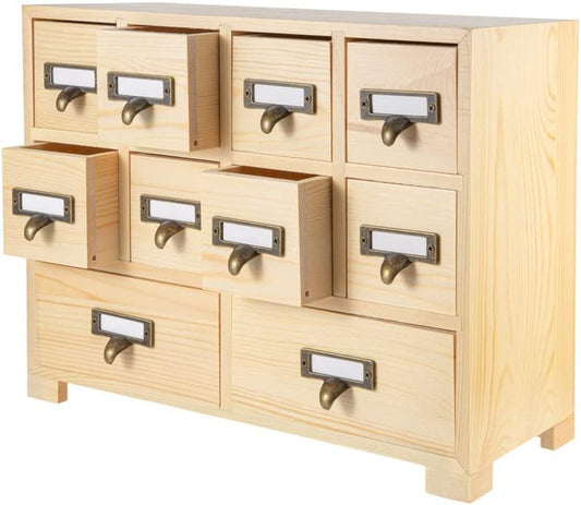 Apothecary Cabinet with 10 Drawers & Labels Rustic Library Card Catalog Cabinet Desktop Wooden Storage Box for Organize Herbal、Tea Bag、Jewelry (Wood)