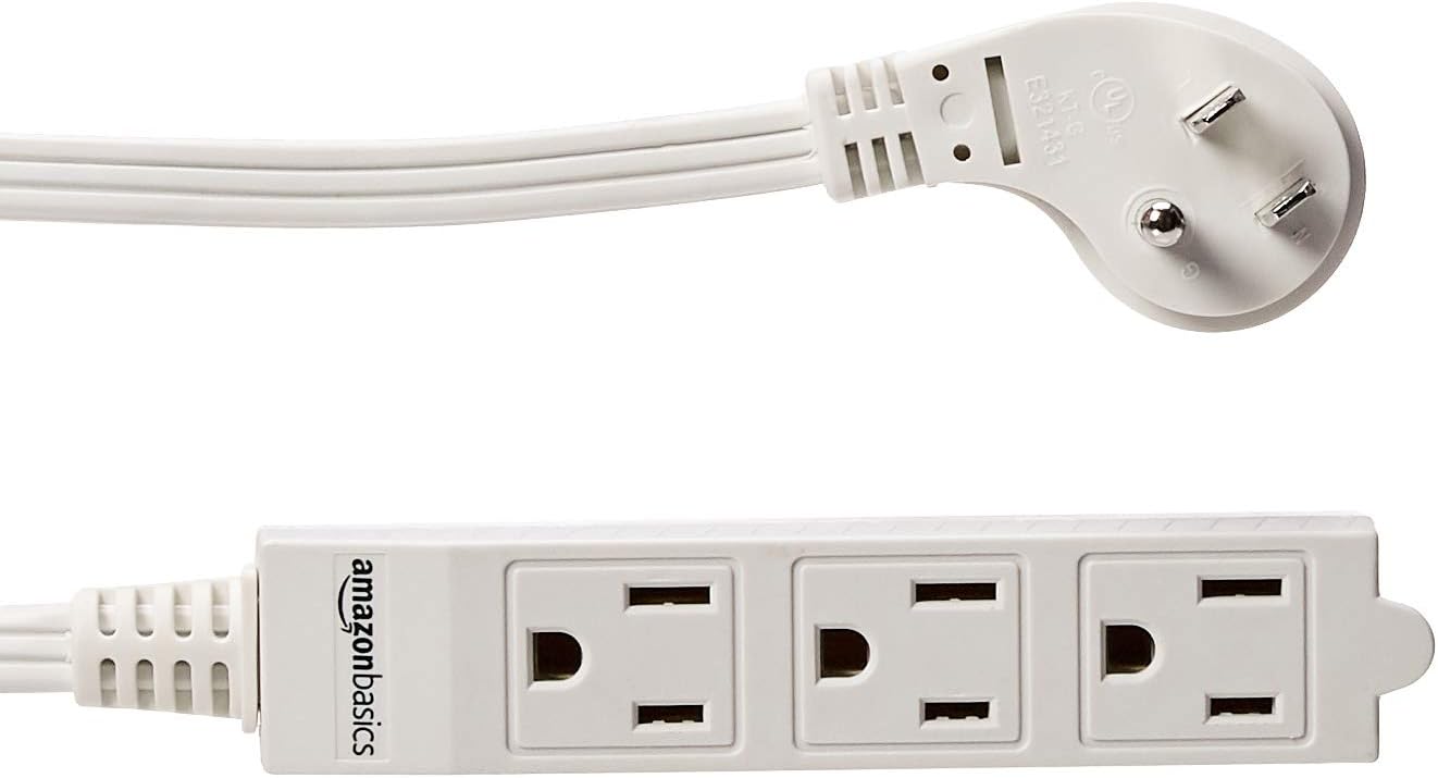 Amazon Basics 3-Prong Indoor Rectangle Extension Cord Power Strip, Flat Plug, Grounded 13 Amps, 1625 Watts, 125 VAC, 2-Pack, 3 ft, White