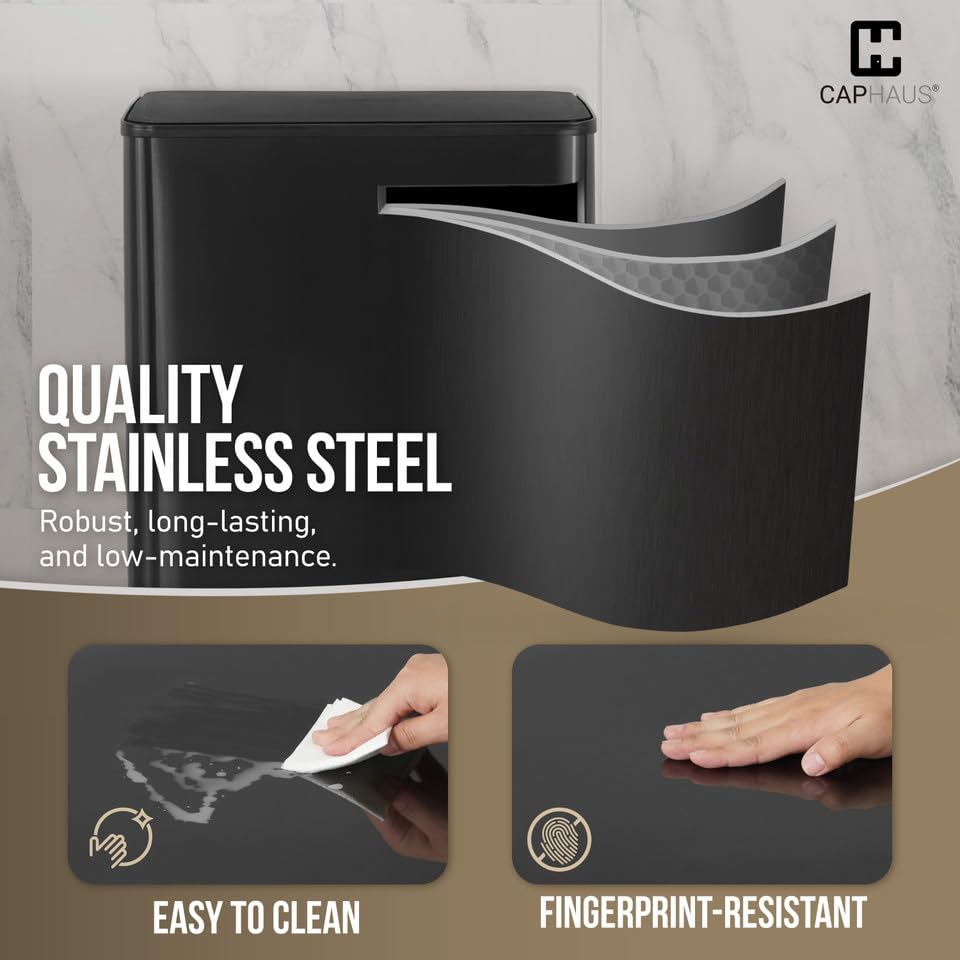 CAPHAUS Black Dual Trash Can w/Single Lid, Trash & Recycle Bins Combo, Hands-Free Stainless-Steel Garbage Can for Kitchen, with 2 Compartment, Hinged Lid, Odor Filters, Handles, 25L+25L, 2 x 6.6 Gal