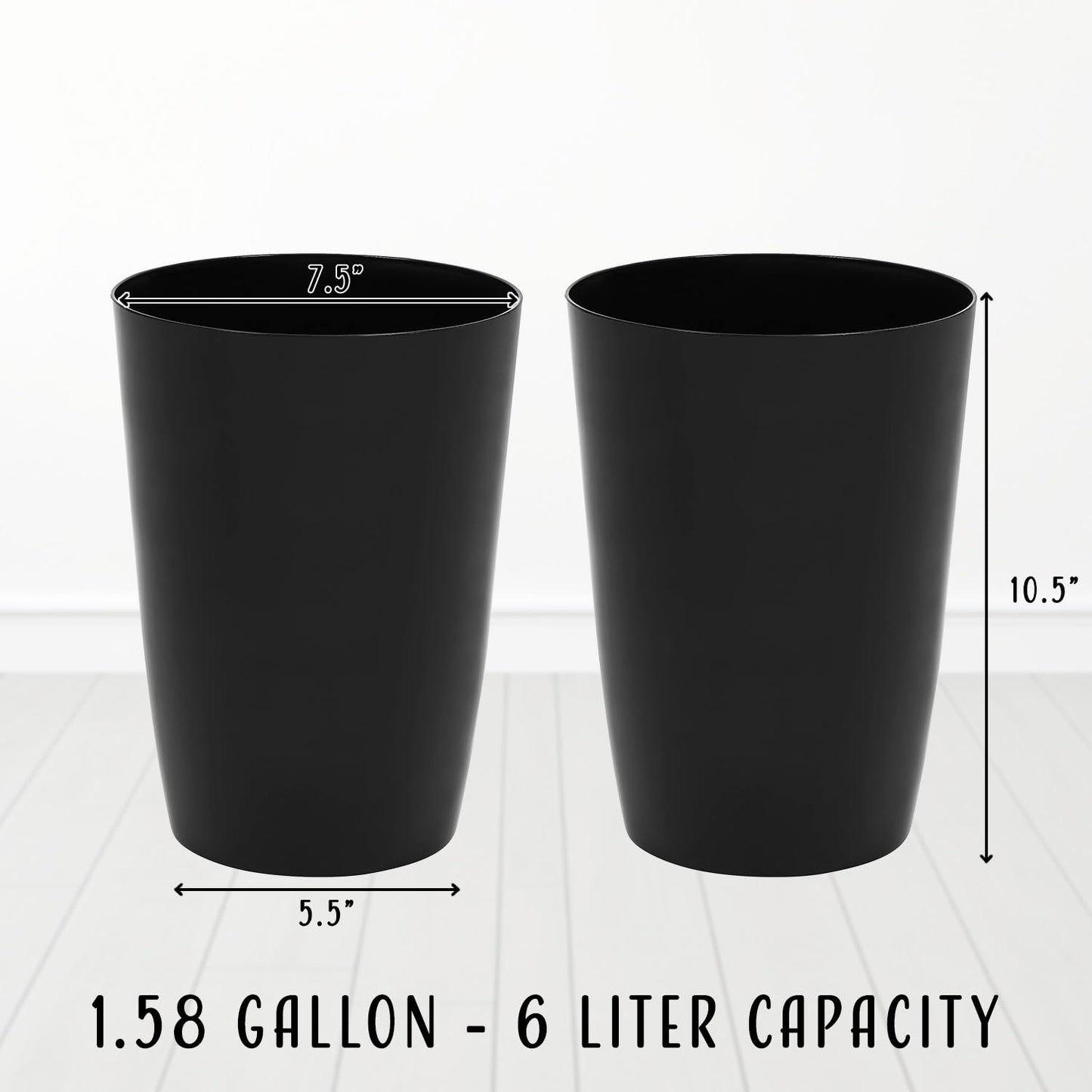 HOLDN’ STORAGE Small Trash Can - Set of 2 Open Top Waste Bin of 1.58 Gallon, Compact Waste Can Perfect for Bathroom, Kitchen, Office, Dorm - Durable Garbage Can - Glossy Black