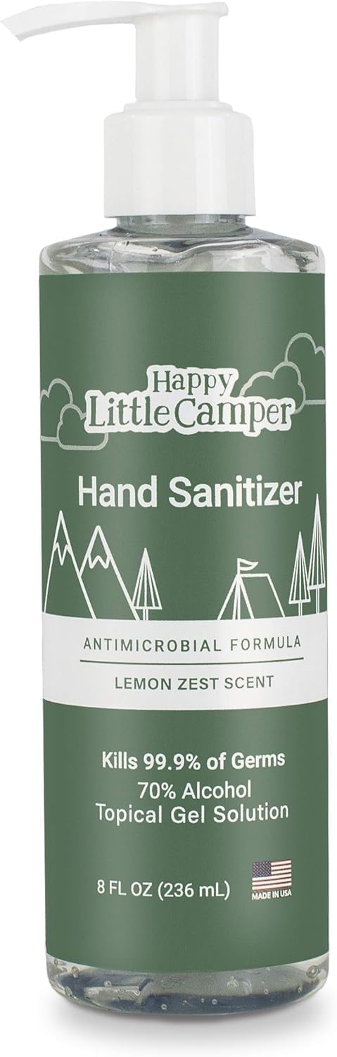 Happy Little Camper Hand Sanitizer with Lemon Zest Scent - Moisturizing Clear Gel with Vitamin E & Antimicrobial Formula- Contains 70% Ethyl Alcohol - Travel Size, Made in USA - 8 Fl Oz, 236ml