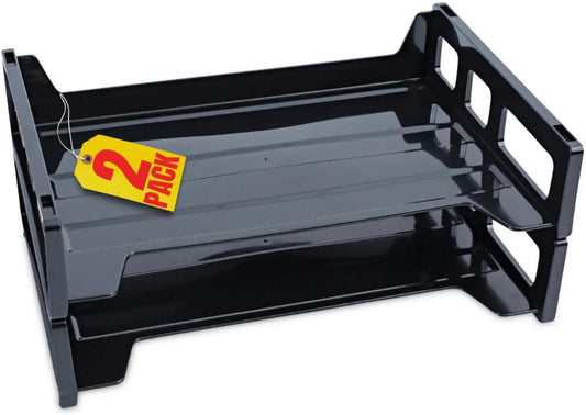 Always23 Side Load Letter Tray Stackable Plastic Desk Tray, Stackable Letter Tray, Black, 13" x 9" x 2 3/4" - Pack of 2