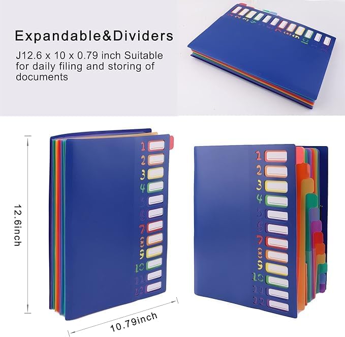24 Clear Pocket Expanding File Folder with 12 Colored Tabs,Durable A4 Letter Size Organizer,Holds 300 Sheets, Project File Organizer, Numbered Index on Cover,Water-Resistant (Blue)