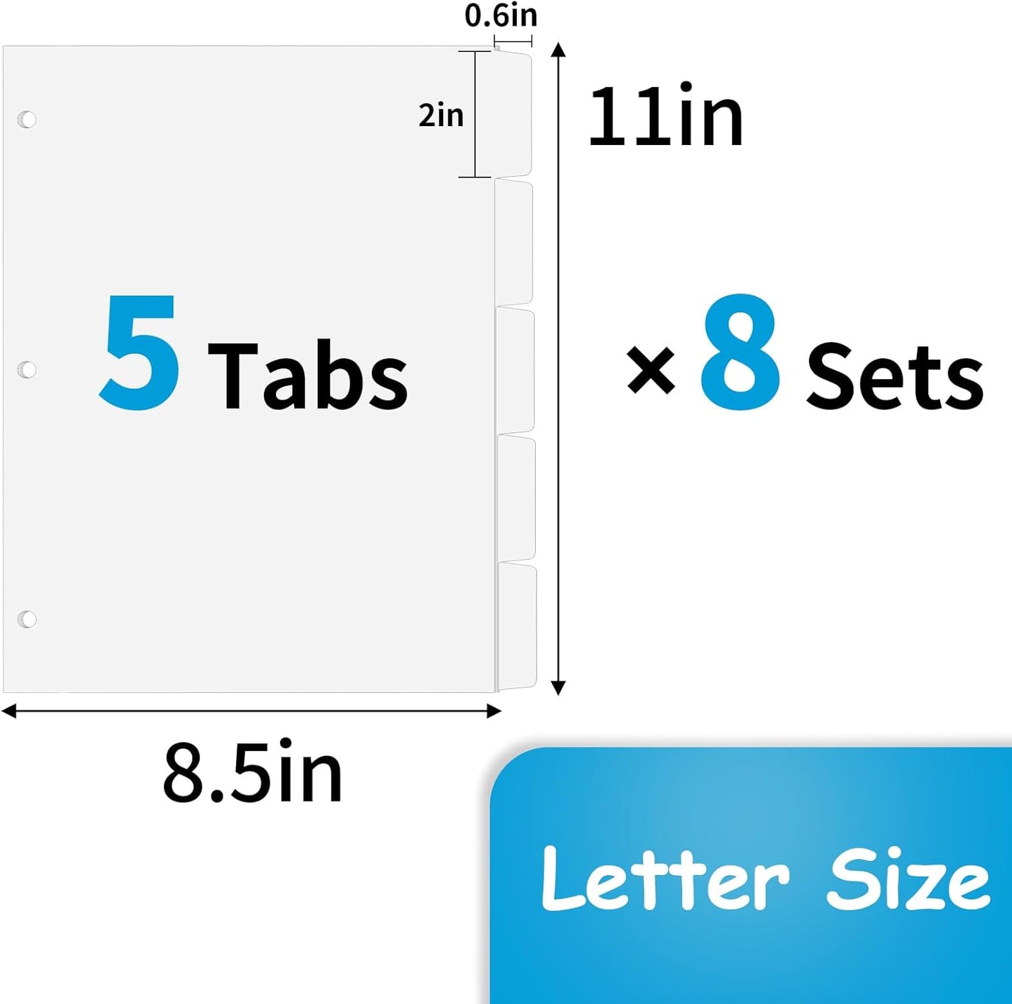 Binder Dividers for 3 Ring Binder, 1/5 Cut Tabs, Letter Size, Blank Write On Page Dividers with 5 Big Tabs for School Office Home, 8 Sets, 40 Dividers, White