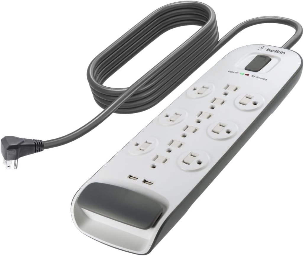 Belkin USB Power Strip Surge Protector - 12 AC Multiple Outlets & 2 USB Ports - 6 ft Long Flat Plug Extension Cord for Home, Office, Travel, Computer Desktop & Charging Brick - White (3,996 Joules)