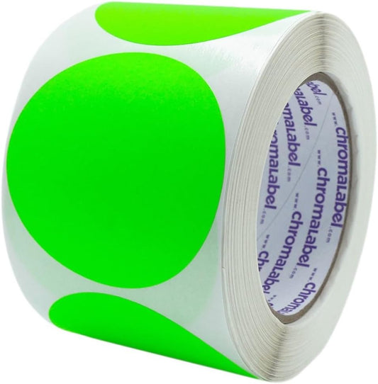 ChromaLabel 3 Inch Round Sticker Labels, High Visibility Permanent Sticky Dots Color Coding Label, Easy to Write On Color Coded Stickers - 500 Colored Labels per Roll - Matte Finish Fluorescent Green