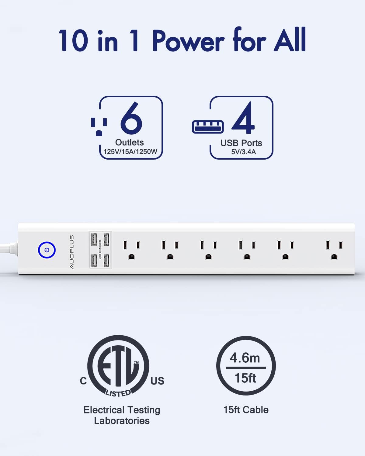 15 Ft Power Strip Surge Protector, 6 Outlets and 4 USB Ports, Flat Plug Power Strips Long Extension Cord with Overload Protection, Wall Mount for Home, Office, Dorm, ETL Listed White