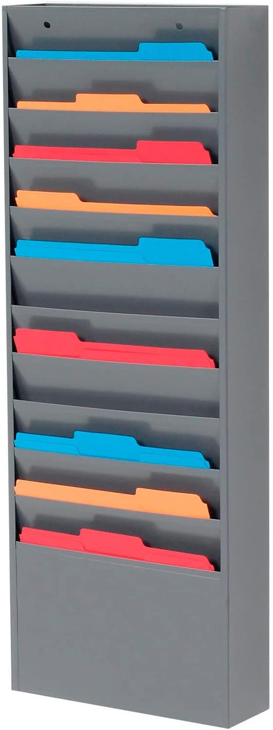 Global Industrial Steel Medical Chart Hanging Wall File Holder, 11 Pockets, Gray, Wall Mounted Magazine and File Folder Holder, 12-1/4"W x 8-3/8"H Pockets
