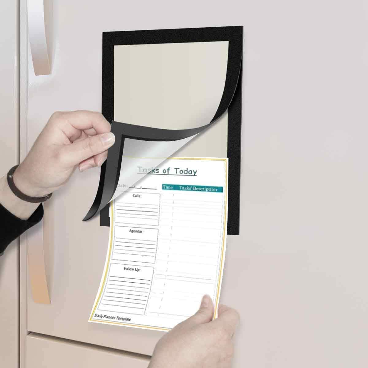 Document Sign Holder Pockets with Magnetic Back, Plastic Poster Picture Notice Display Frame for Fridge/Whiteboard/Chalkboard/Cabinet, 8.5 x 11.6 Inches, Black, 6 Pcs