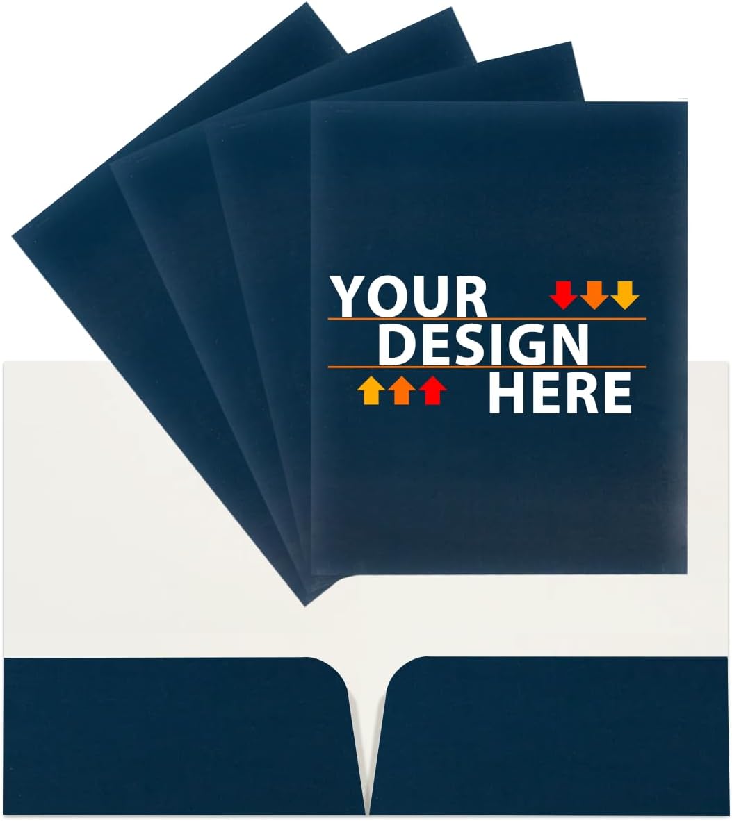 JAM PAPER Custom Printed Semi-Gloss Folders with Round Corner Pockets - Personalized Logo & Text - 10 pt C2S - Navy Blue - 100/Pack