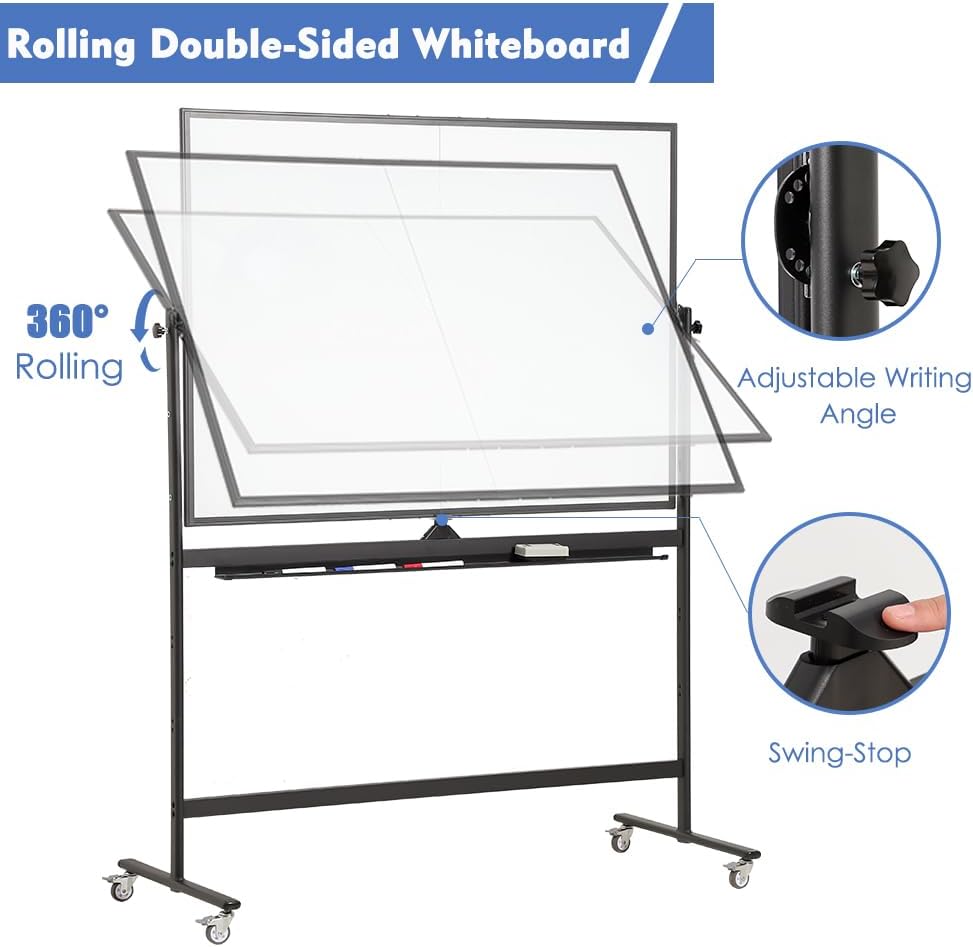 FORTUNO Large Magnetic Mobile Whiteboard 72"x40", Rolling Double Sided Stand Whiteboard on Wheels, Reversible Adjustable Height/Angle Dry Erase Board Easel White Board for Office Classroom, Black