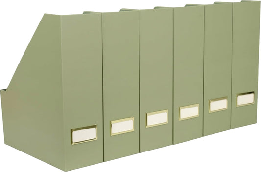 BLU MONACO Set of 6 Foldable Magazine File Holders in Earth Green – Sturdy Cardboard Vertical Organizers with Label Holders – Office File Storage Box, Desk Organizer, Paperwork and Document Holder