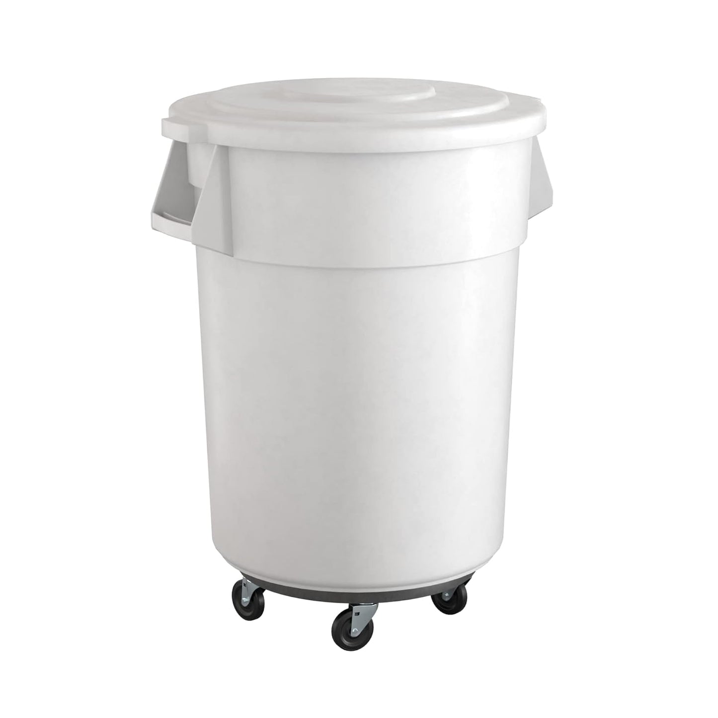 55 Gallon White Round Commercial Trash Can with Lid and Dolly