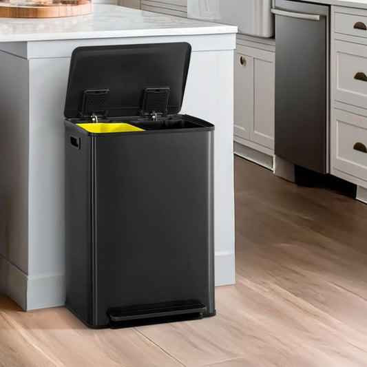 CAPHAUS Black Dual Trash Can w/Single Lid, Trash & Recycle Bins Combo, Hands-Free Stainless-Steel Garbage Can for Kitchen, with 2 Compartment, Hinged Lid, Odor Filters, Handles, 30L+30L, 2 x 8 Gal