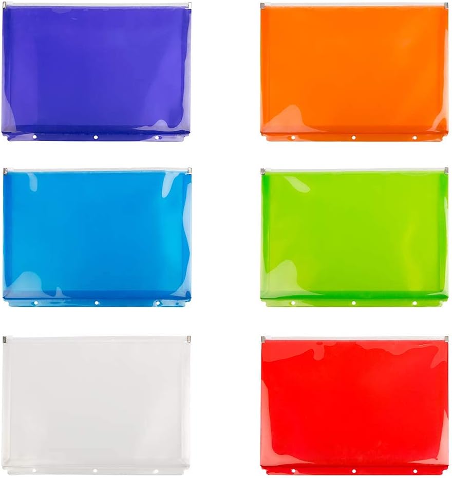 JAM PAPER Plastic 3 Hole Punch Binder Envelopes with Zip Closure - Letter Booklet - 9 3/4 x 13 - Assorted Colors - 6/Pack
