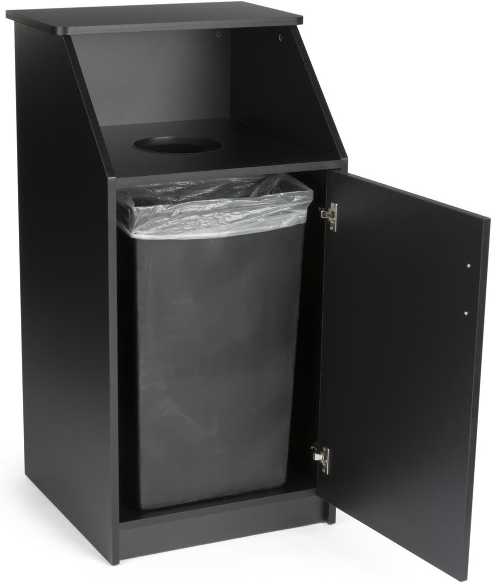 Displays2go Commercial Trash Bin with Black Finish, MDF Construction, Melamine Finish, Circular Cutout - Hinged Door (LCKDTLCSBK)