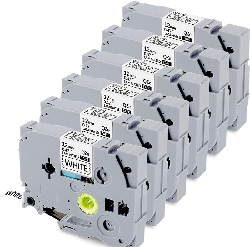 6Pack TZe-231 Tape Label Maker Compatible with Brother P-Touch TZe-231 Tape, TZE231 ½” 0.47”x 26.2 ft Laminated Black on White, for use with PT-D210, PT-H110, PT-D220, PT-D410, PT-D600