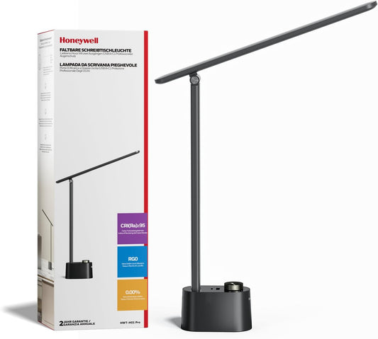 Honeywell Upgraded LED Desk Lamp - H01 Pro Sunturalux™ Foldable Desk Light with USB A+C Charging Ports, 3 Color Modes Dimmable Table Lamp for Home Office Reading(Black)
