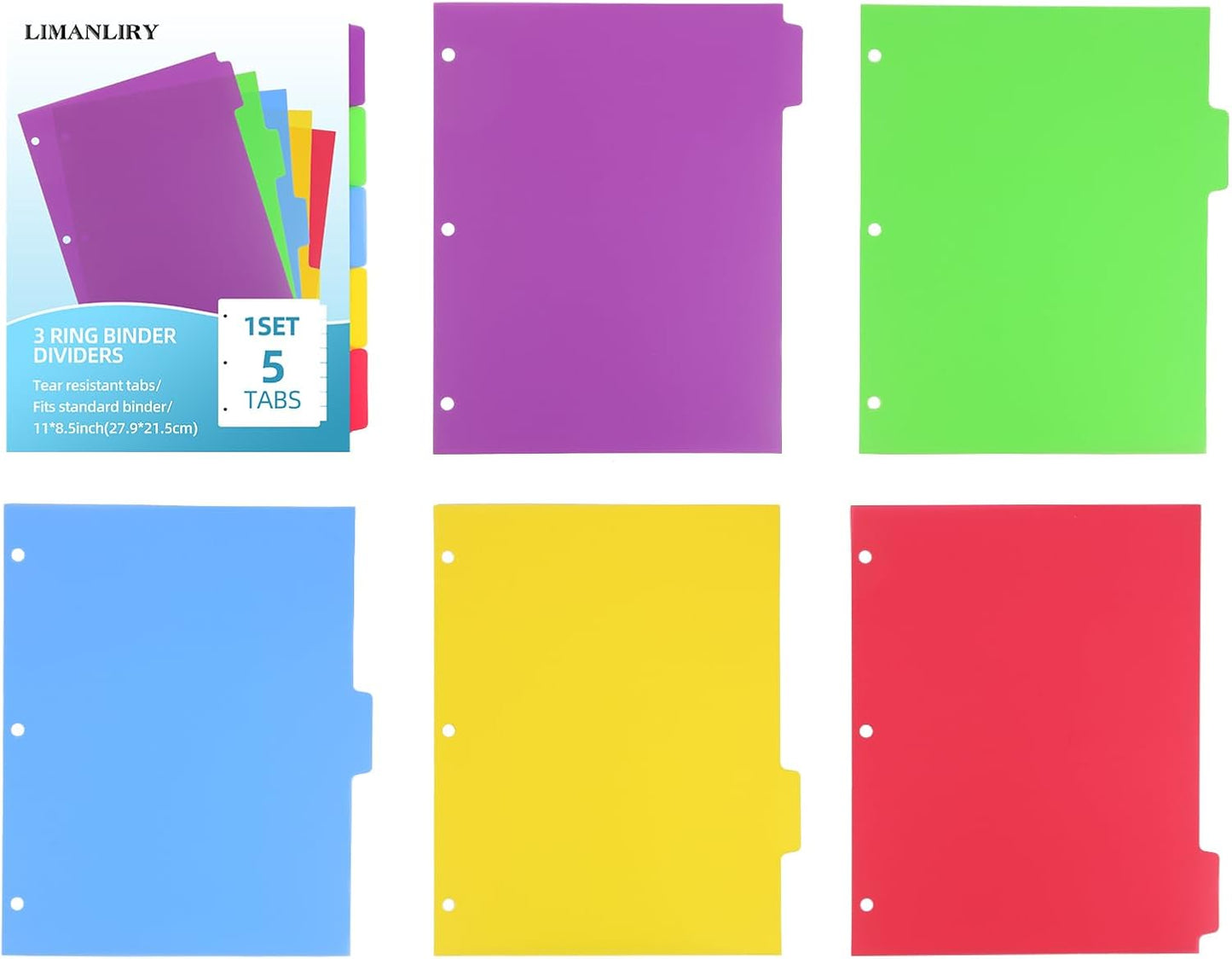 Colorful Binder Dividers with Tabs,Plastic Index with 5-Tabs,for 3 Ring Binder,6 Sets