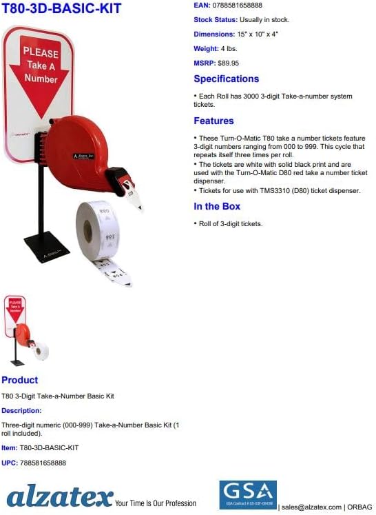 3 Digit Take-a-Number T80 System (Includes 1 Free Roll of 3-Digit Tickets)