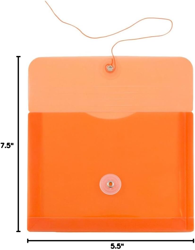 JAM PAPER Plastic Envelopes with Button & String Tie Closure - Index Size - 5 1/2 x 7 1/2 - Orange - 12/Pack