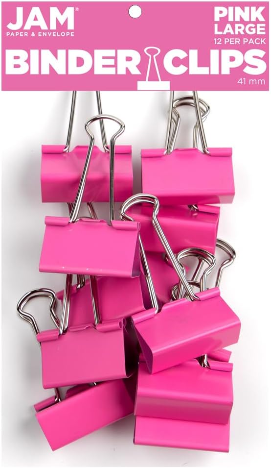 JAM PAPER Colorful Binder Clips - Large - 1 1/2 Inch (41 mm) - Pink Binderclips - 12/Pack