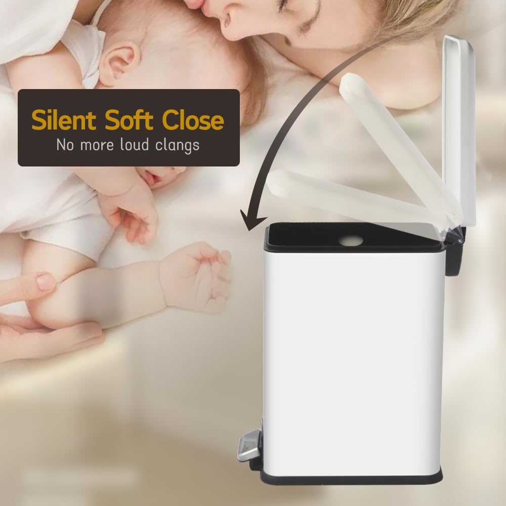 Bathroom Trash Can, 2.6 Gallon Trash Can with Lid, Stainless Steel Pedal Trash Bin with Removable Liner for Bathroom, Bedroom, Kitchen, Office,10 Liter White Garbage Can