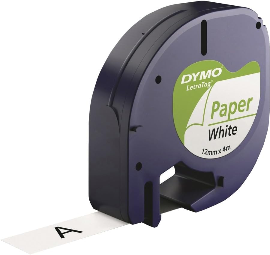 DYMO Authentic Lt Paper Labeling Tape for LetraTag Label Makers, 1/2" (12mm), Black Print On White Tape, 6-Pack