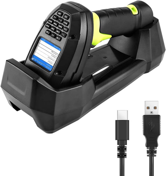 2D Wireless Barcode Scanner, Portable Inventory Scanner & Data Collector with 2.0 Inch LCD Screen and 2.4G Wireless Dongle Built in Stand for Warehouse, Express, Library,Pharmacy,Supermarket